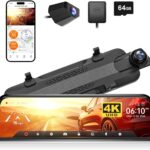 WOLFBOX G930 10'' Rear View Mirror Camera with 5.8GHz WiFi, 4K Dash Cam Front and Rear with WDR, Touch Screen Rearview Mirror Backup Camera, Parking Monitor, Reverse Assist, Includes 64GB Card & GPS