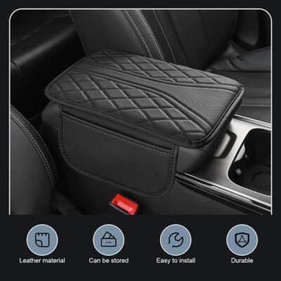 Car Center Console Cover, Leather Auto Armrest Cover with 2 Storage Bags, Universal Cars Armrest Cushion, Vehicle Interior Accessories Protector for Sedan, SUV, Truck (Black) - Image 3
