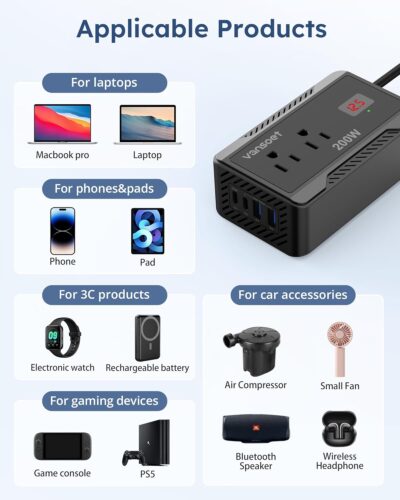 200W Car Power Inverter DC 12V to 110V AC Converter with [PD 30W & 15W] Fast Charging USB C/3.0A Dual USB Charging Ports, Car Outlet Adapter for Phone, Laptop on Road Trip (Black) - Image 7