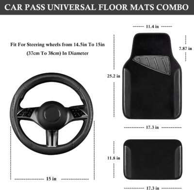 CAR PASS Microfiber Leather Steering Wheel Cover and Waterproof Car Floor Mats,Universal Car Combo Fit for 95% Sedan,SUV,Cars,14.5-15inch Anti-Slip Safety Comfortable Faux Leather Design(Solid Black) - Image 3