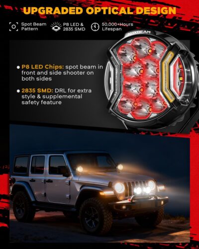 Auxbeam V-Ultra Series Side Shooter Light Bar, 5Inch 172W Round Offroad Lights LED Pods 20400LM, Amber DRL & Spotlight Dual Color 270° Wider Off Road Lighting with Protective Covers, Pair - Image 3