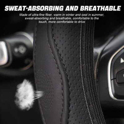 LoyaForba Car Steering Wheel Cover, Non-Slip Microfiber Leather Steering Wheel Cover, Breathable Vehicle Soft Handle Protector, Universal Automotive Interior Accessories for Women Men Girls (Black) - Image 4