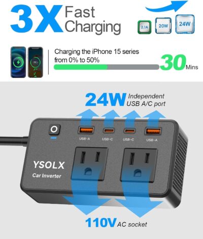 300W Car Power Inverter - YSOLX Dual DC 12V to 110V AC Car Outlet Adapter to Wall Plug, 24W Fast Charging USB-C&USB-A, Portable ​Charger Converter with for Laptops, Phones - Image 2