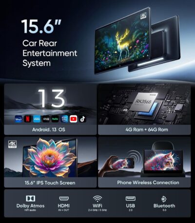 15.6 inch 4K Android.13 Car TV Headrest Monitor for Cars Back seat Rear Entertainment System, Support Phone Wireless Mirror Link Touch Screen,with WiFi/Bluetooth/HDMI/USB/Video Player (4G+64G(2*PCs)) - Image 2