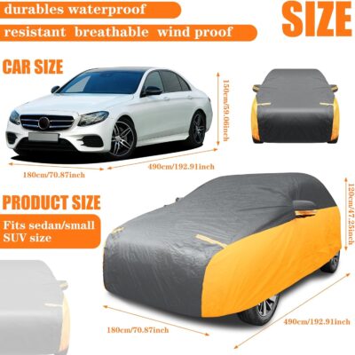 Riakrum Full Car Cover Waterproof All Weather for Automobiles Windproof Cover Rain UV Protection Sun Scratch Resistant Outdoor Universal(Fit Sedan Length (185-193'') 70'' H,Black, Orange) - Image 2