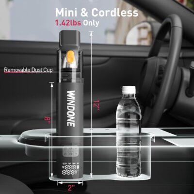 Windone Car Vacuum, 12000Pa 2-in-1 Cleaner & Tire Inflator 150PSI, 60W Brushless Motor, Cordless Handheld Vacuum & Air Pump with Pressure Gauge, LED Light, Multi-Nozzles for Car, Home, Office - Image 2