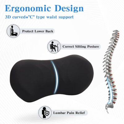 Lumbar Support Pillow for Office Chair and Car - Ergonomic Memory Foam Back Support Cushion for Automotive Seat, Desk Chair, and Recliner (Black) - Image 2