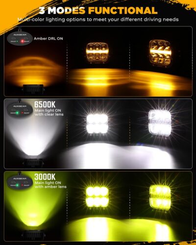 Auxbeam XP-Ultra Series 5 Inch Cube Offroad Lights, Amber DRL Function, Amber White Light Covers, 132W 15600LM Spot Flood Combo, LED Pod Light Bar Off-Road Fog Lights, Pair - Image 4