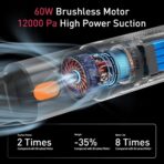 Windone Car Vacuum, 12000Pa 2-in-1 Cleaner & Tire Inflator 150PSI, 60W Brushless Motor, Cordless Handheld Vacuum & Air Pump with Pressure Gauge, LED Light, Multi-Nozzles for Car, Home, Office - Image 3