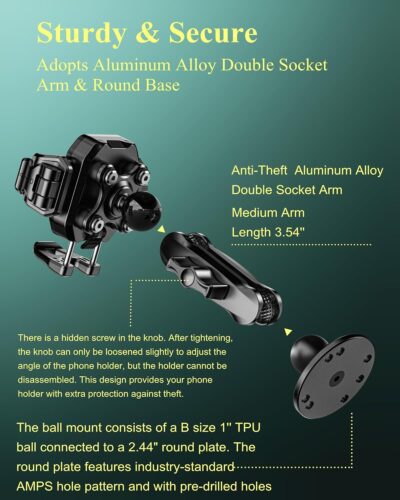 BRCOVAN Anti-Theft Phone Mount Holder with Vibration Dampener [Camera Friendly] [1s Lock & Release] with Aluminum Round Base & Medium Arm, for Car Boat Truck Motorcycle UTV, Fit 5.4-7.2'' Smartphones - Image 8