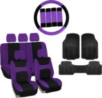 FH Group Light & Breezy Cloth Full Set Car Seat Covers (Purple/Black) Combo Set: Steering Wheel Cover, Seat Belt Pads and Black Vinyl Floor Mats – Universal Fit for Cars Trucks & SUVs