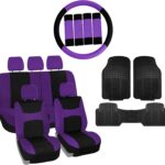 FH Group Light & Breezy Cloth Full Set Car Seat Covers (Purple/Black) Combo Set: Steering Wheel Cover, Seat Belt Pads and Black Vinyl Floor Mats – Universal Fit for Cars Trucks & SUVs