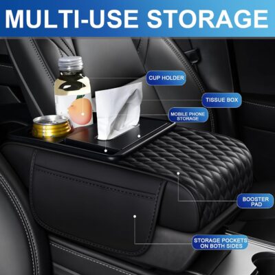 Car Armrest Storage Box with 2 Cup Holders & Phone Slot, Armrest Cover for Car with Tissue Box & 2 Storage Bags - Multifunctional Pu Leather Car Armrest Box Mat (Grey) - Image 4