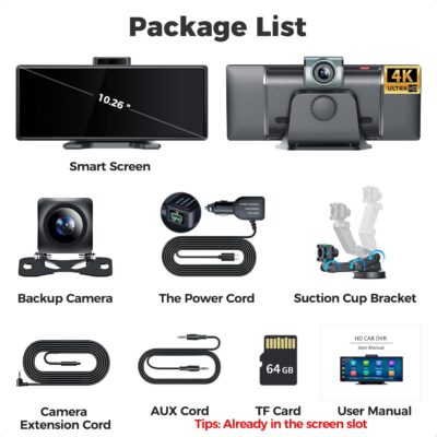 10.26" Wireless Apple CarPlay Android Auto Car Screen - Secure Strong Bracket, 4K Dash Cam, GPS Navigation, HD Touchscreen, AirPlay, Car Stereo, Fits All Vehicles - Image 8