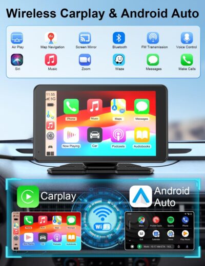 Carplay Screen for Car, 7" HD Portable Car Stereo Touch Screen with Wireless Android Auto, Backup Camera with LED/Mirror Link/Voice Control/Bluetooth/GPS/AUX/FM Satellite Radio for All Vehicles - Image 2