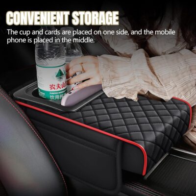 Hovom Car Center Console Cover, 13.39"×7.87"×2.76" Leather Armrest Cover for Cars, Memory Foam Armrest Pillow with Pocket, Cup Holder & Phone Slot, Universal Vehicle Arm Rest Cushion Pad (Black+Red) - Image 4