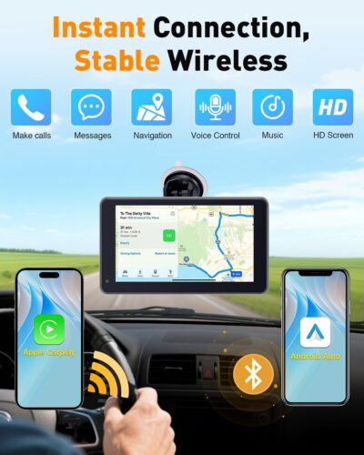 7” Wireless Apple CarPlay & Android Auto Screen - Portable Car Display with AirPlay, Screen Mirroring, FM/AUX Audio, Easy to Install, Convenient Upgrade for Older Cars, Families, Commuters - Image 2