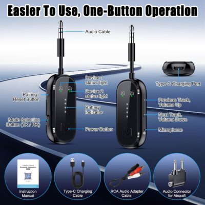 2026 Upgraded Pro Bluetooth 6.0 Transmitter Receiver|Bluetooth Adapter for TV/Airplane/Gym to Wireless Headphones/All Airpods,Dual Link & Low Latency,Wireless Adapter for Car/Home Stereo - Image 9