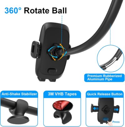 APPS2Car 14'' Gooseneck Car Phone Holder,Heavy Duty Phone Holder for Truck, [Flexibile Long Arm] [Anti Shake stabilizer] Windshield Car Phone Mount Suction Cup,Fit for iPhone, Samsung (Mirror Black) - Image 6