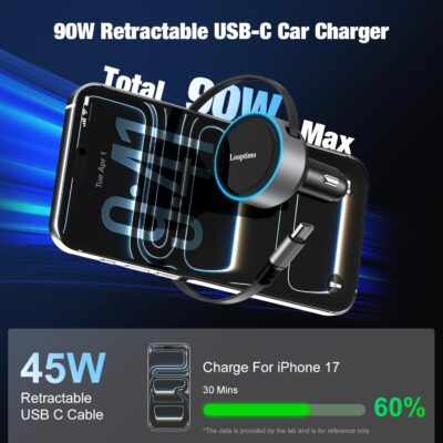Retractable Car Charger USB C, 90W Phone Cigarette Lighter Adapter USB-C Fast Charging Plug Car Accessories for iPhone 17 16 15 Pro Max, iPad, Android, Built-in Type-C Cable, Gifts for Women Men - Image 2