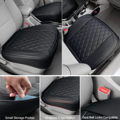 2 Pack Leather Front Car Seat Cover, Anti-Slip and Full Wrap Driver Car Seat Protectors with Storage Pocket, Luxury Waterproof Bottom Auto Seat Cushion Pad Mat for Most Vehicles(Black) - Image 4