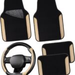 CAR PASS Faux Leather Steering Wheel Cover and Waterproof Car Floor Mats,Universal Car Combo Fit for 95% Sedan,SUV,Cars,14.5-15inch Sporty Anti-Slip Safety Comfortable Design(Black＆Beige)