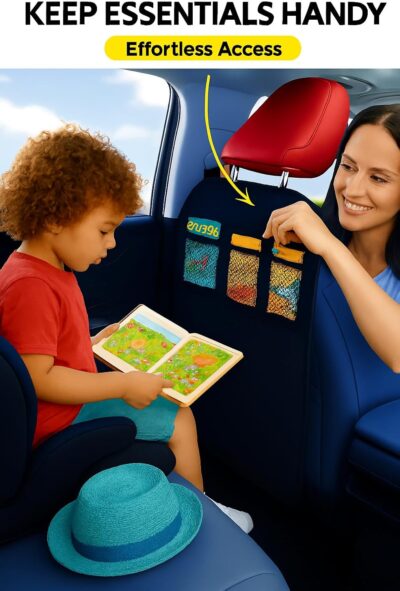 LILTOM Car Back Seat Protector with Organizer, 19"x27" XL Kick Mats, Waterproof, 3 Pockets, 2-Pack (Black - 3 Pocket) - Image 2