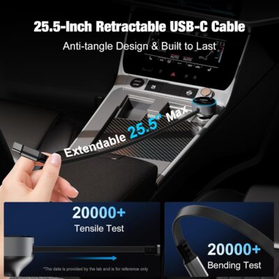 Retractable Car Charger USB C, 90W Phone Cigarette Lighter Adapter USB-C Fast Charging Plug Car Accessories for iPhone 17 16 15 Pro Max, iPad, Android, Built-in Type-C Cable, Gifts for Women Men - Image 3