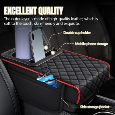 Hovom Car Center Console Cover, 13.39"×7.87"×2.76" Leather Armrest Cover for Cars, Memory Foam Armrest Pillow with Pocket, Cup Holder & Phone Slot, Universal Vehicle Arm Rest Cushion Pad (Black+Red) - Image 3