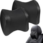 OMISTAR 2 Pcs Car Neck Pillow, Faux Leather Car Headrest Pillow, Memory Foam Neck Pillow for Car, Breathable Design, Adjustable Strap, Universal Fit, 8.7 x 8.5 x 3.5 in