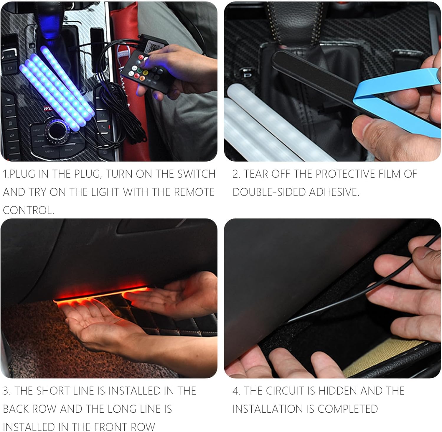 71QRwdB17xL._AC_SL1500_.jpg Car LED Strip Lights, 4Pcs Interior Lights, Multicolor Music Car Strip Light Under Dash Lighting Kit with Sound Active Function and Remote Controller, DC 12V - Image 1