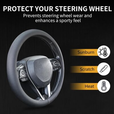 Uxcer Nappa Leather Steering Wheel Cover, Universal 14.5–15 Inch Non-Slip Breathable Steering Wheel Cover for Cars, Black - Image 6