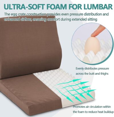 Shinnwa Lumbar Support Pillow for Recliner, Ultra-Soft Foam Back Support Pillow and Egg Crate Foam Seat Cushion 2-in-1 for Couch, Office Chair, for Back Pain Relief, Brown - Image 4