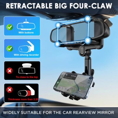 IPOW Large Rearview Mirror Phone Holder for Car 360°Rotatable and Retractable, 2024 Upgraded Four Corners Fixed Anti-Shake Multifunctional Design for All Phones and All Car Rearview Mirror with Button - Image 6