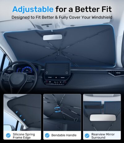 Zanch 2025 Upgraded Car Windshield Sun Shade [Cool Down by 75℉ ] with Heat Insulation Coating, Foldable Sunshade Umbrella with Flexible Handle & Ribs, Large (34''x61'') for Large SUV, Truck, Van - Image 5