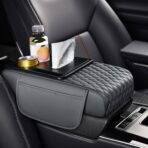 Car Armrest Storage Box with 2 Cup Holders & Phone Slot, Armrest Cover for Car with Tissue Box & 2 Storage Bags - Multifunctional Pu Leather Car Armrest Box Mat (Grey)