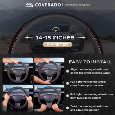 Coverado Car Steering Wheel Cover, Nappa Leather Black & Redline Steering Wheel Covers, Universal 14-15 inch, Anti-Slip, Breathable Steering Wheel Protector for Women Men - Image 5
