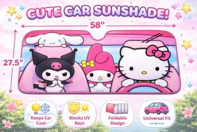 Hello Kitty Car Shade | Hello Kitty Sunshade Car | Carshade Auto Front Windshield Kawaii Kitty Sunshade | 58" X 27.5" | Fits Most Standard Windshields | Officially Licensed - Image 2