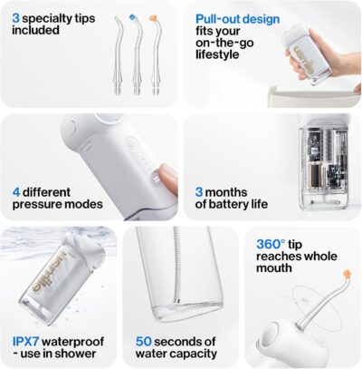 usmile C10 Portable Water Flosser – Travel-Friendly, 95-Day Battery, 4 Modes, 360° Nozzle, 180ml Tank, IPX7 Waterproof, Dentist-Recommended for Braces, Implants & Sensitive Gums (White) - Image 6