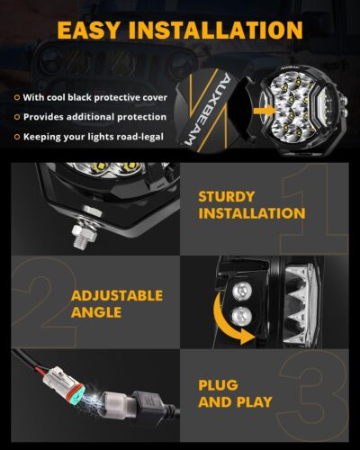 Auxbeam 5In V-Ultra Series 172W LED Light Pods, Offroad Round Driving Light with Amber DRL, 270° Wide Range Super Bright Side Shooter White Hyper Spot Beam Universal Lights with Black Cover-2PCS - Image 5