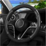Carbon Fiber Car Steering Wheel Cover, 15 Inch Leather Breathable Anti-Slip Vehicle Steering Wheel Protector, Automotive Interior Accessories, Universal for SUV Sedan Truck (Black)