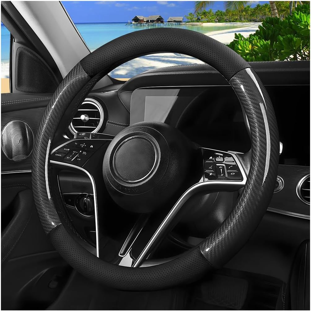 71RiKmoXW0L._AC_SL1200_.jpg Carbon Fiber Car Steering Wheel Cover, 15 Inch Leather Breathable Anti-Slip Vehicle Steering Wheel Protector, Automotive Interior Accessories, Universal for SUV Sedan Truck (Black) - Image 1