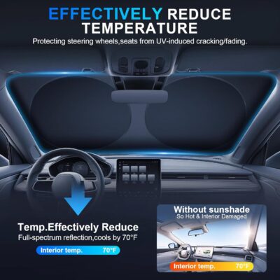 JUSTTOP Car Sun Shade Windshield - Foldable Sun Car Window Shield 300T Coated Silver Cloth Reflective Polyester Material Blocks 99% UV Rays, Fits Most Windshields(Large63 x 35 in) - Image 3