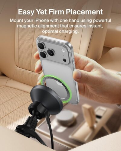 Belkin Wireless Car Charger, Magnetic Car Vent Mount w/ 3.3ft USB C Cable, Qi2 MagSafe Compatible Fast Charging iPhone Charger for iPhone 17, Galaxy S26, Pixel 10, & More - Travel Accessories - Black - Image 3