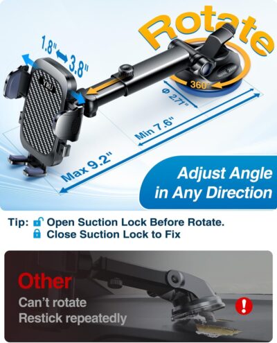 YRU True Military-Grade [360° Rotation Suction] 2026 Ultimate Car Phone Holder Mount 【90+LBS Safest Strongest & Patent Certs】 Dash Windshield Vent for iPhone 17 16 Pro Max Samsung Camera,Gloss Black - Image 4