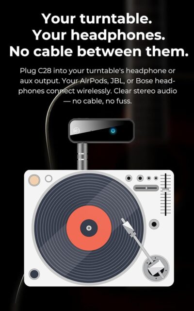 C28 Bluetooth 5.0 Transmitter Receiver, 2-in-1 Wireless 3.5mm Aux Adapter for Old Car Stereo, TV, Record Player, Headphones & Speakers – Plug & Play, No App Needed - Image 5
