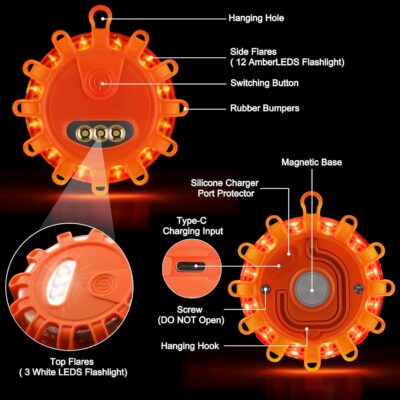 USB C Rechargeable LED Road Flares Emergency Lights with Magnetic Base, 9 Strobe Options Roadside Emergency Warning Car Safety Beacon Flashing Disc Flare Kit for Vehicles & Boat, 3 Pack - Image 3