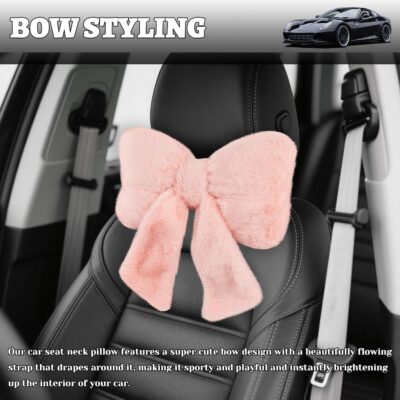 Furry Bow Car Headrest Pillow,Soft & Comfortable Car Neck Pillow for Cars Decorations & Fatigue Relief,Universal Head Rest Pillows for Cars Interior Accessories for Trucks,SUVs (Pink) - Image 3