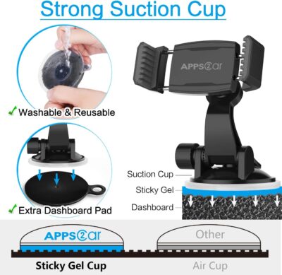 APPS2Car Suction Cup Phone Holder for Car with Adjustable Arm, Low Profile Dashboard Phone Mount Compact Windshield Window Dash Mobile Stand Compatible w/All iPhone and Android Cell Phones - Image 6