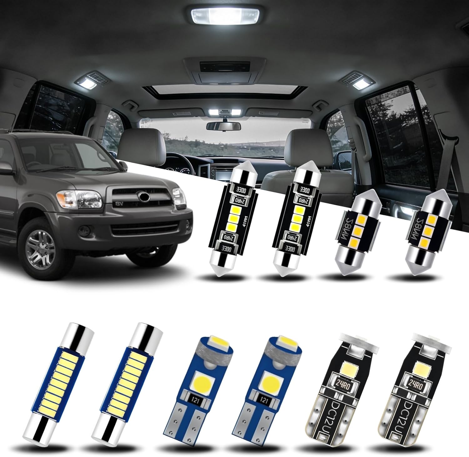 71S58q1CItL._AC_SL1500_.jpg EASY EAGLE Interior Car Lights for Toyota-Sequoia-2001-2007: 18 Piece Kit White Light Bulbs - Super Bright 6000K + Install Tool - Image 1